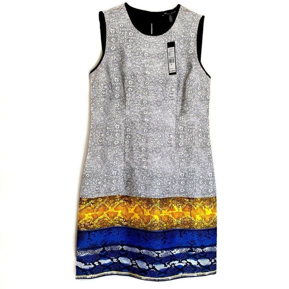 🔴 NWT Kenneth Cole Black White Blue Multi Print Shift Cocktail Dress - Picture 6 of 14